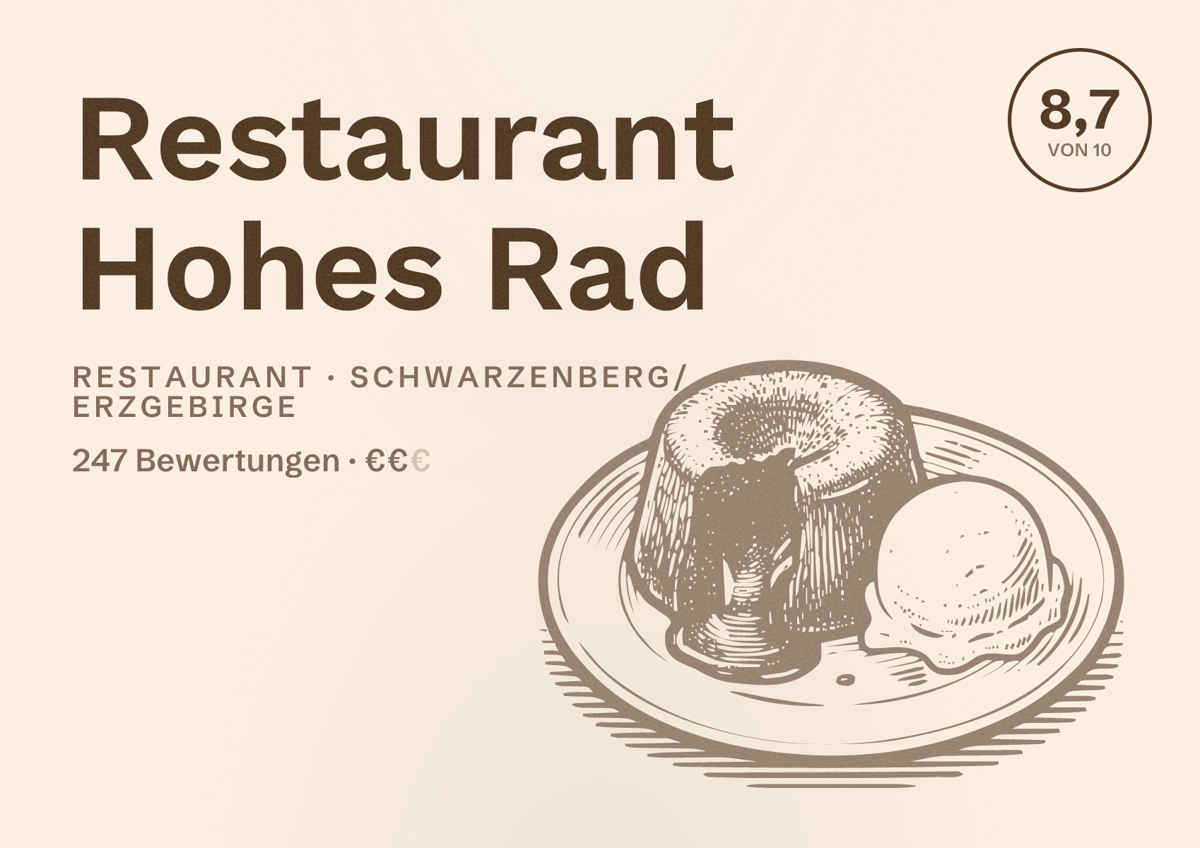 Illustriertes Poster von Restaurant Hohes Rad, Restaurant in Schwarzenberg/Erzgebirge: Bewertung 8,7 von 10 aus 247 Bewertungen, Preisniveau €€