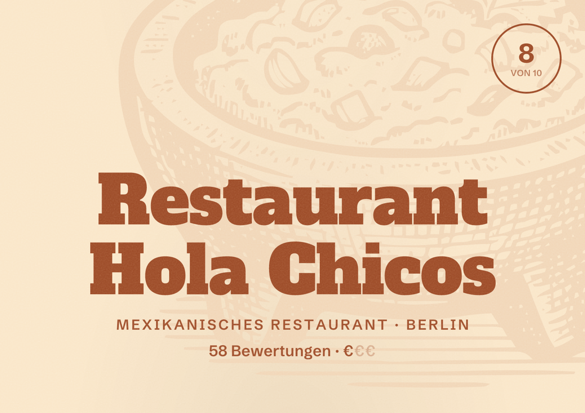 Illustriertes Poster von Restaurant Hola Chicos, Mexikanisches Restaurant in Berlin: Bewertung 8,0 von 10 aus 58 Bewertungen, Preisniveau €