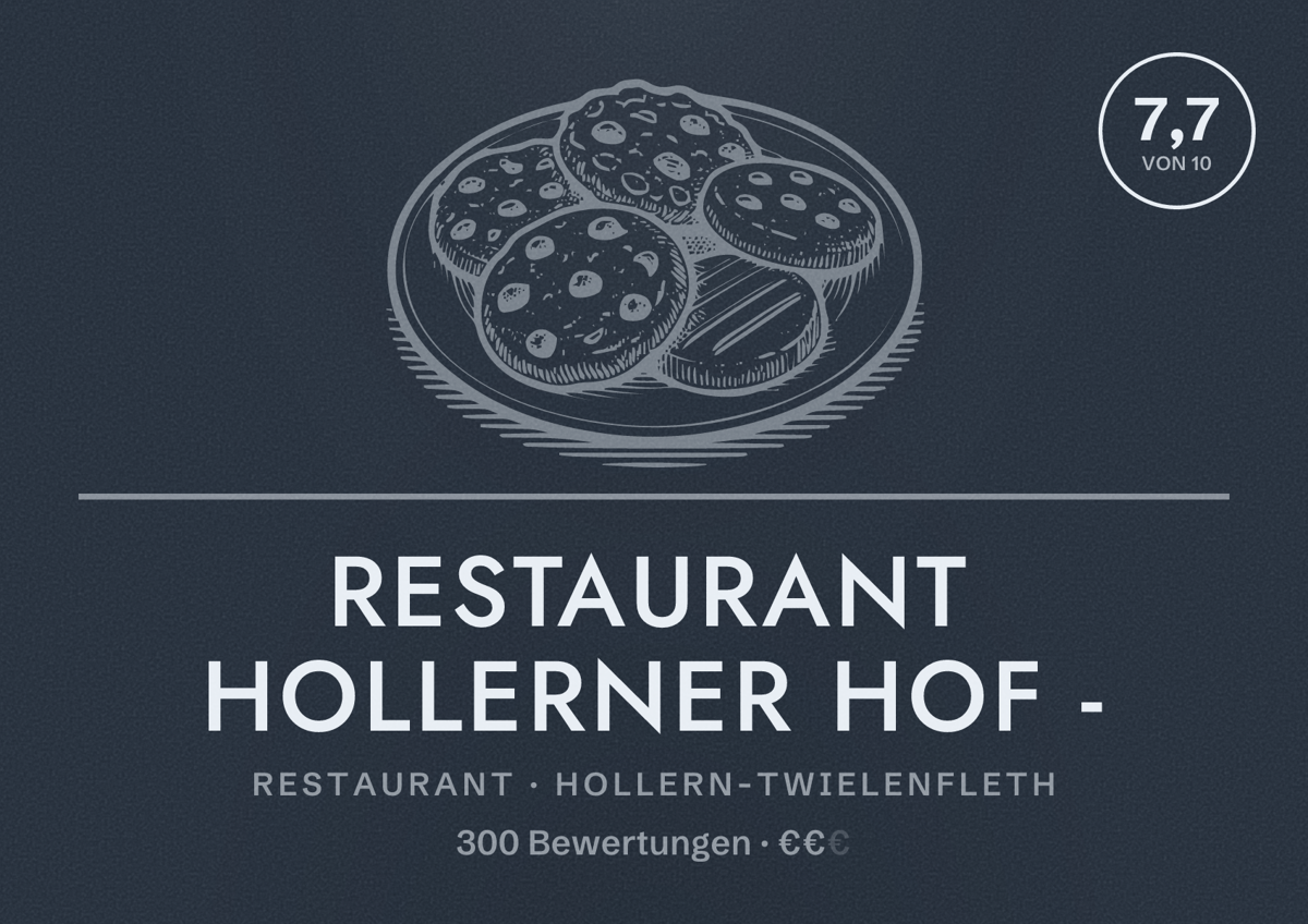Illustriertes Poster von Restaurant Hollerner Hof -, Restaurant in Hollern-Twielenfleth: Bewertung 7,7 von 10 aus 300 Bewertungen, Preisniveau €€