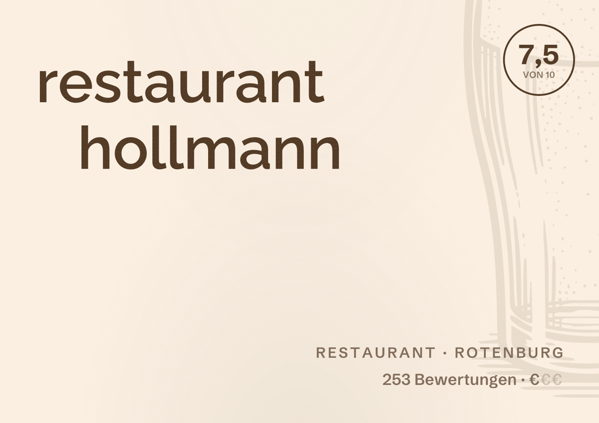 Illustriertes Poster von restaurant hollmann, Restaurant in Rotenburg: Bewertung 7,5 von 10 aus 253 Bewertungen, Preisniveau €