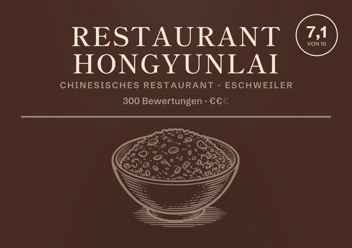 Illustriertes Poster von Restaurant Hongyunlai, Chinesisches Restaurant in Eschweiler: Bewertung 7,1 von 10 aus 300 Bewertungen, Preisniveau €€