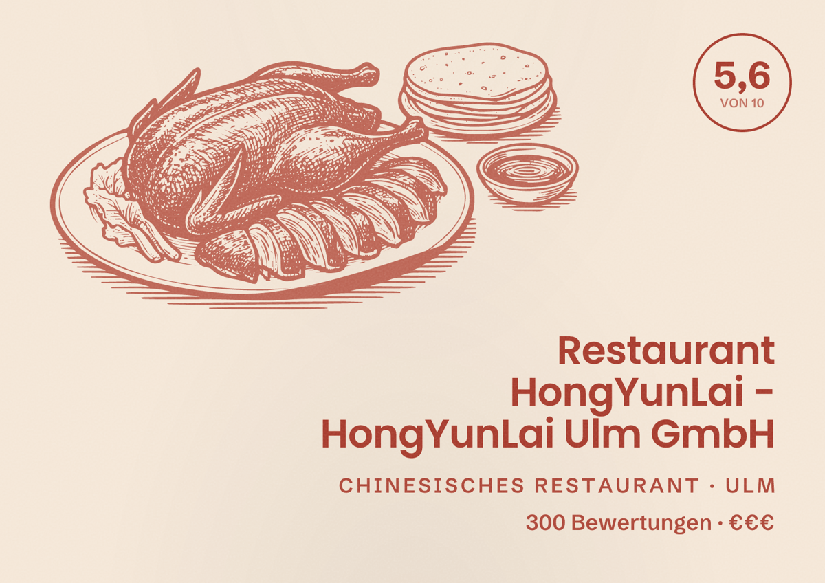 Illustriertes Poster von Restaurant HongYunLai - HongYunLai Ulm GmbH, Chinesisches Restaurant in Ulm: Bewertung 5,6 von 10 aus 300 Bewertungen, Preisniveau €€€