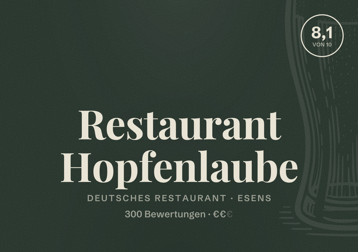 Illustriertes Poster von Restaurant Hopfenlaube, Deutsches Restaurant in Esens: Bewertung 8,1 von 10 aus 300 Bewertungen, Preisniveau €€