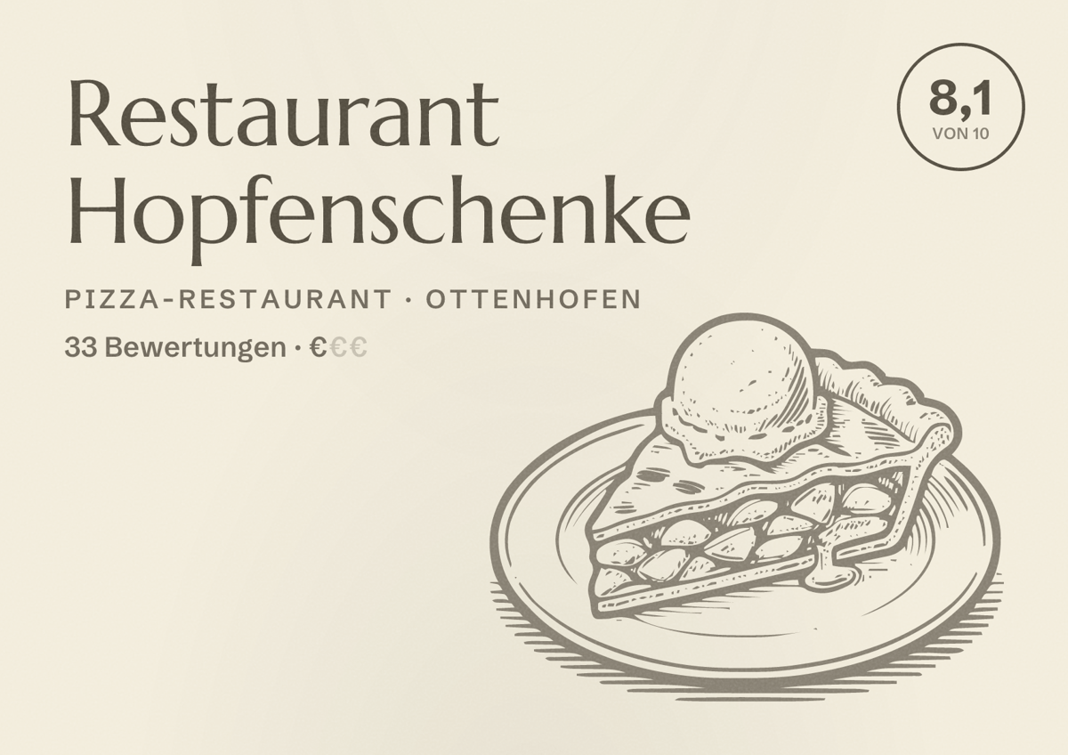 Illustriertes Poster von Restaurant Hopfenschenke, Pizza-Restaurant in Ottenhofen: Bewertung 8,1 von 10 aus 33 Bewertungen, Preisniveau €