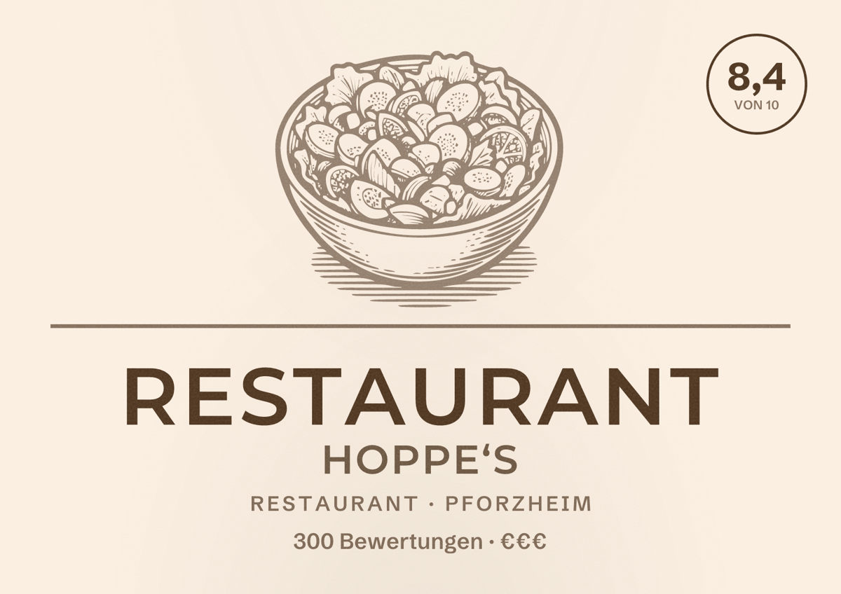 Illustriertes Poster von Restaurant Hoppe‘s, Restaurant in Pforzheim: Bewertung 8,4 von 10 aus 300 Bewertungen, Preisniveau €€€