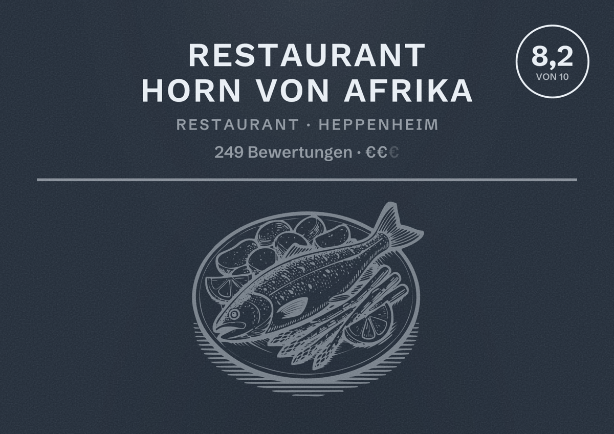 Illustriertes Poster von Restaurant Horn von Afrika, Restaurant in Heppenheim: Bewertung 8,2 von 10 aus 249 Bewertungen, Preisniveau €€