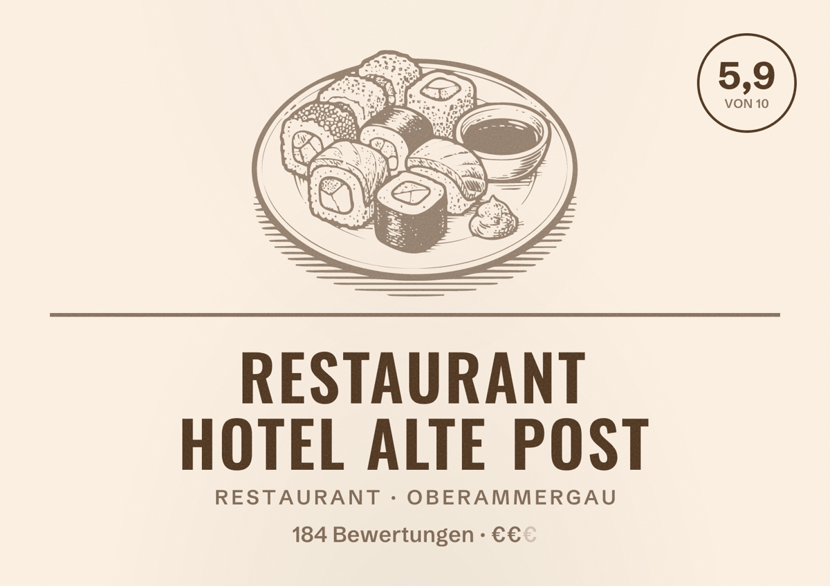 Illustriertes Poster von Restaurant Hotel Alte Post, Restaurant in Oberammergau: Bewertung 5,9 von 10 aus 184 Bewertungen, Preisniveau €€
