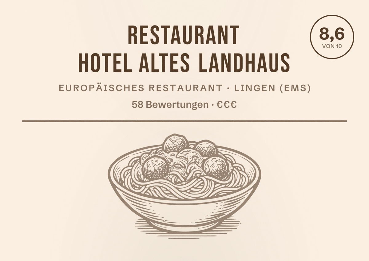 Illustriertes Poster von Restaurant Hotel Altes Landhaus, Europäisches Restaurant in Lingen (Ems): Bewertung 8,6 von 10 aus 58 Bewertungen, Preisniveau €€€