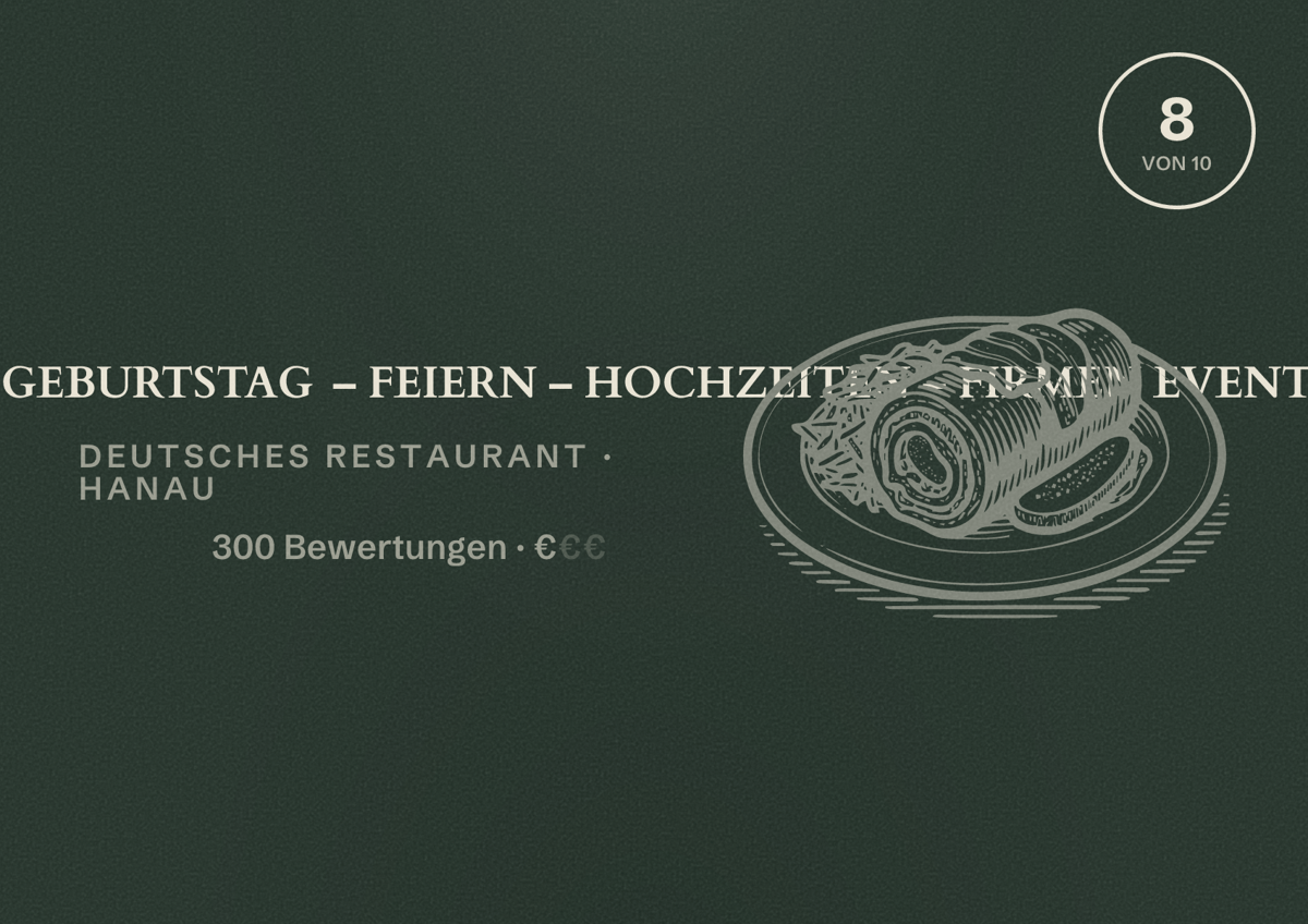 Illustriertes Poster von Restaurant Hotel am Golfplatz Hanau | GEBURTSTAG – FEIERN – HOCHZEITEN – FIRMEN EVENTS LOCATION, Deutsches Restaurant in Hanau: Bewertung 8 von 10 aus 300 Bewertungen, Preisniveau €
