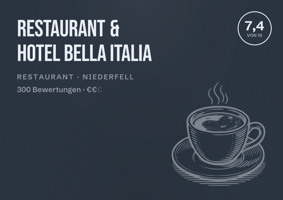 Illustriertes Poster von Restaurant & Hotel Bella Italia, Restaurant in Niederfell: Bewertung 7,4 von 10 aus 300 Bewertungen, Preisniveau €€
