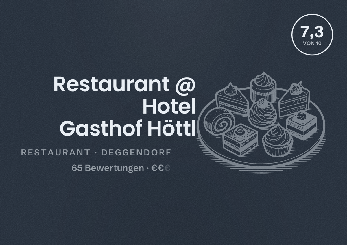 Illustriertes Poster von Restaurant @ Hotel Gasthof Höttl, Restaurant in Deggendorf: Bewertung 7,3 von 10 aus 65 Bewertungen, Preisniveau €€