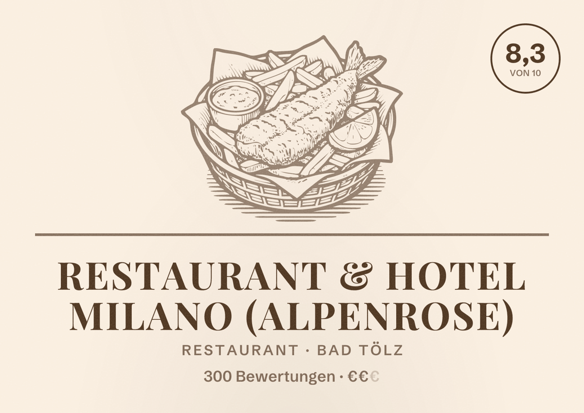 Illustriertes Poster von Restaurant & Hotel Milano (Alpenrose), Restaurant in Bad Tölz: Bewertung 8,3 von 10 aus 300 Bewertungen, Preisniveau €€