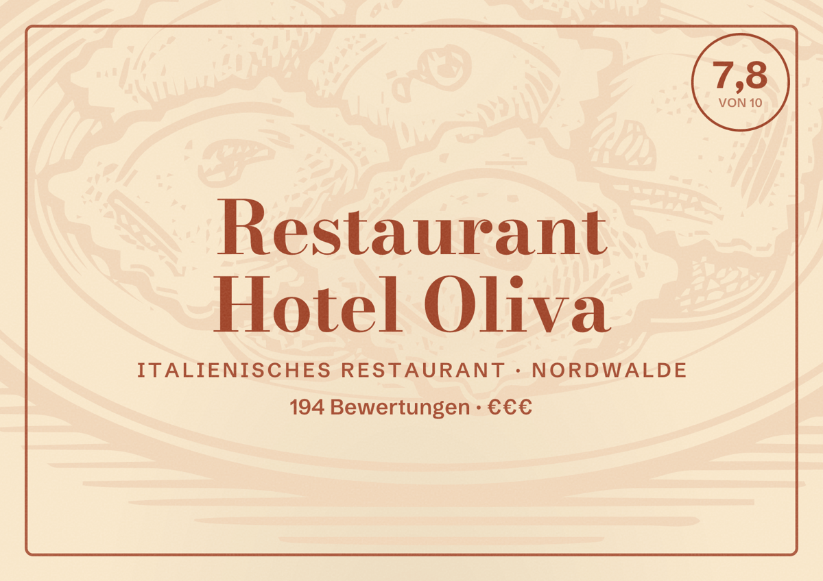Illustriertes Poster von Restaurant Hotel Oliva, Italienisches Restaurant in Nordwalde: Bewertung 7,8 von 10 aus 194 Bewertungen, Preisniveau €€€