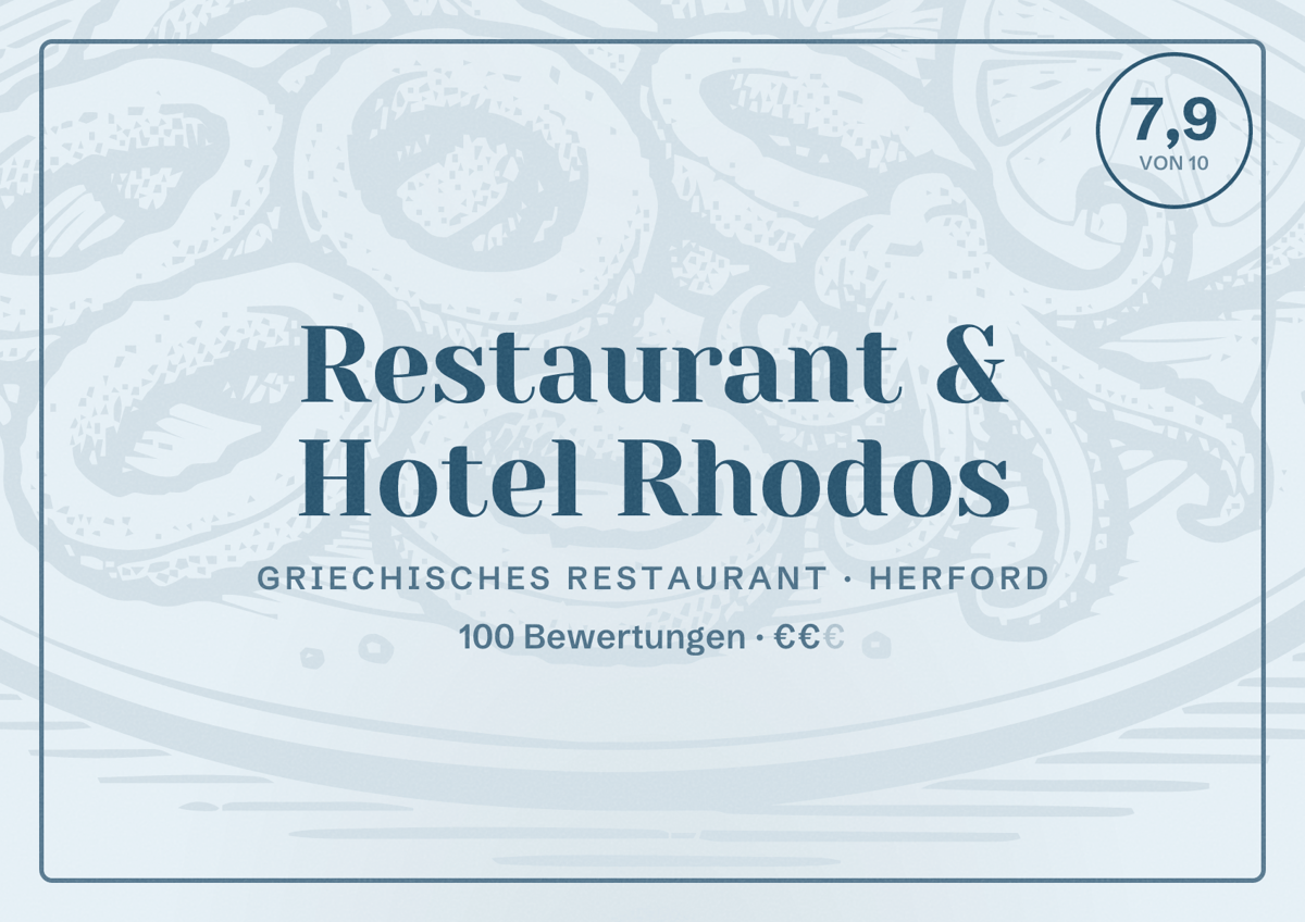 Illustriertes Poster von Restaurant & Hotel Rhodos, Griechisches Restaurant in Herford: Bewertung 7,9 von 10 aus 100 Bewertungen, Preisniveau €€