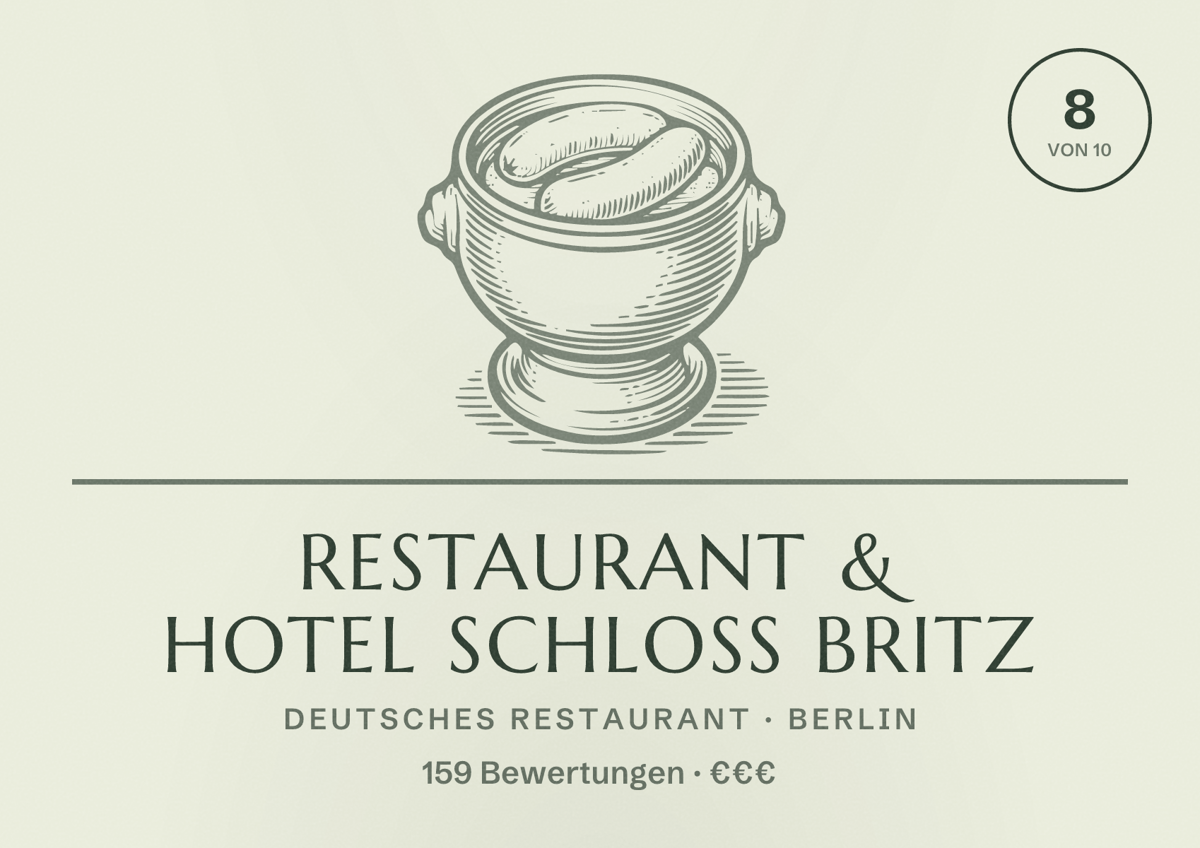Illustriertes Poster von Restaurant & Hotel Schloss Britz, Deutsches Restaurant in Berlin: Bewertung 8,0 von 10 aus 159 Bewertungen, Preisniveau €€€