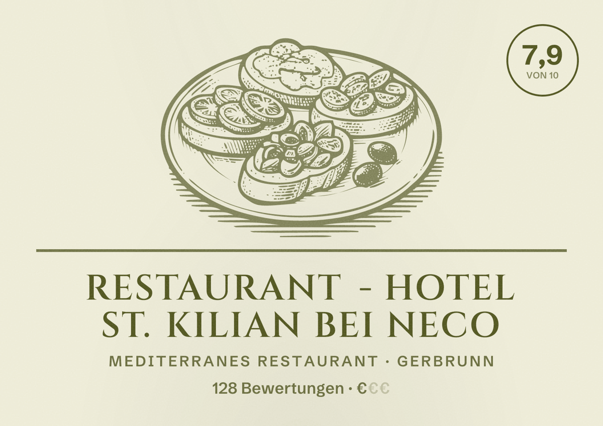 Illustriertes Poster von Restaurant - Hotel St. Kilian bei Neco, Mediterranes Restaurant in Gerbrunn: Bewertung 7,9 von 10 aus 128 Bewertungen, Preisniveau €