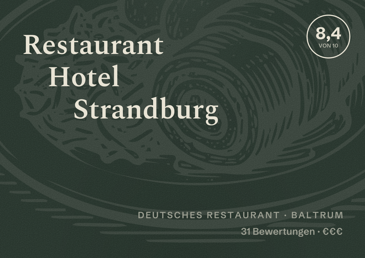 Illustriertes Poster von Restaurant Hotel Strandburg, Deutsches Restaurant in Baltrum: Bewertung 8,4 von 10 aus 31 Bewertungen, Preisniveau €€€