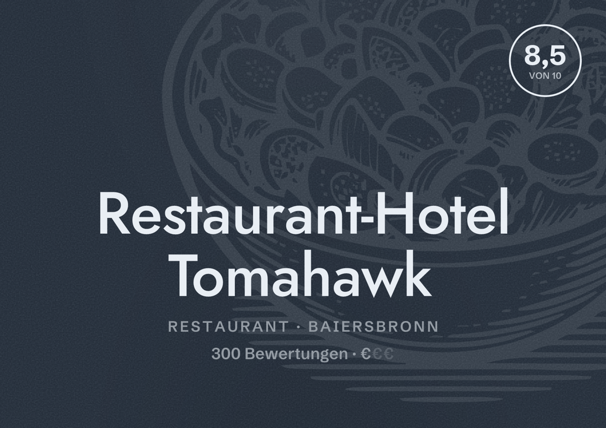 Illustriertes Poster von Restaurant-Hotel Tomahawk, Restaurant in Baiersbronn: Bewertung 8,5 von 10 aus 300 Bewertungen, Preisniveau €