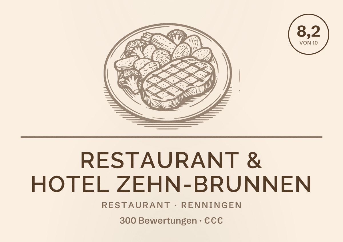 Illustriertes Poster von Restaurant & Hotel Zehn-Brunnen, Restaurant in Renningen: Bewertung 8,2 von 10 aus 300 Bewertungen, Preisniveau €€€