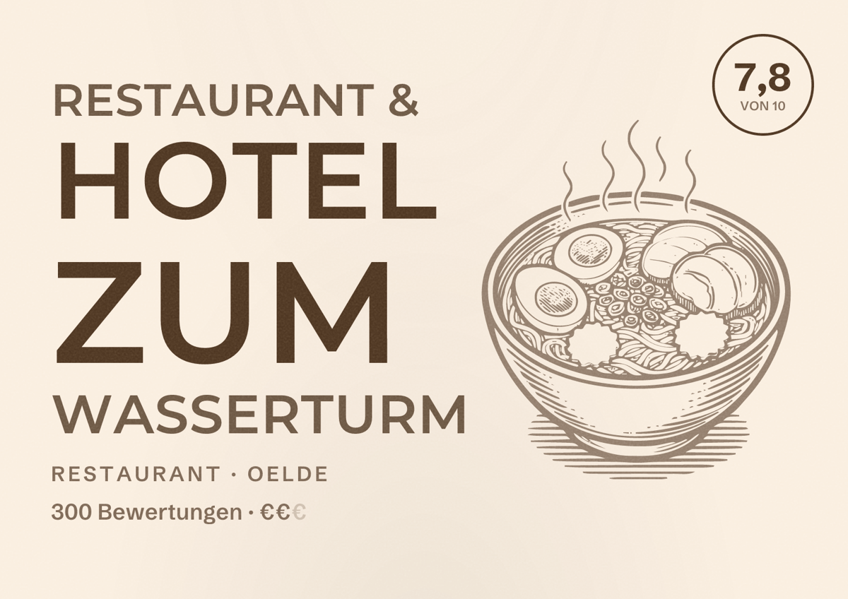 Illustriertes Poster von Restaurant & Hotel Zum Wasserturm, Restaurant in Oelde: Bewertung 7,8 von 10 aus 300 Bewertungen, Preisniveau €€
