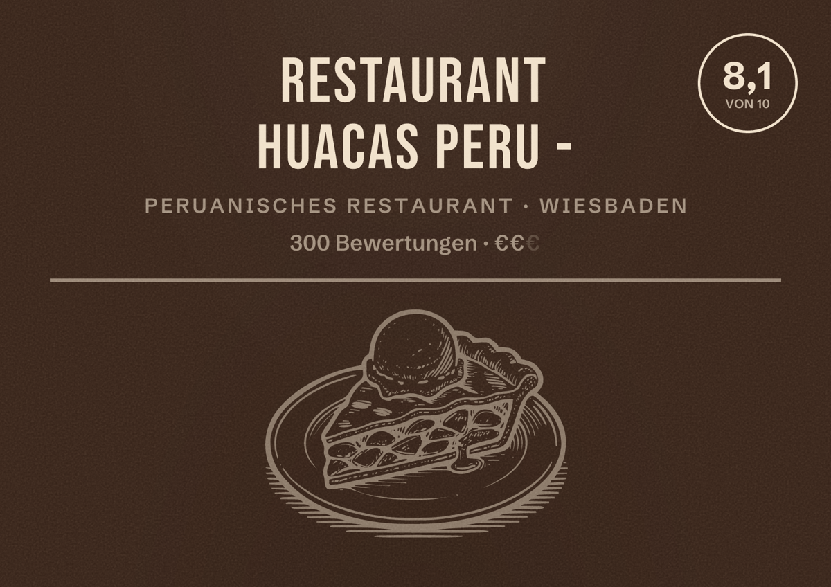 Illustriertes Poster von Restaurant Huacas Peru -, Peruanisches Restaurant in Wiesbaden: Bewertung 8,1 von 10 aus 300 Bewertungen, Preisniveau €€