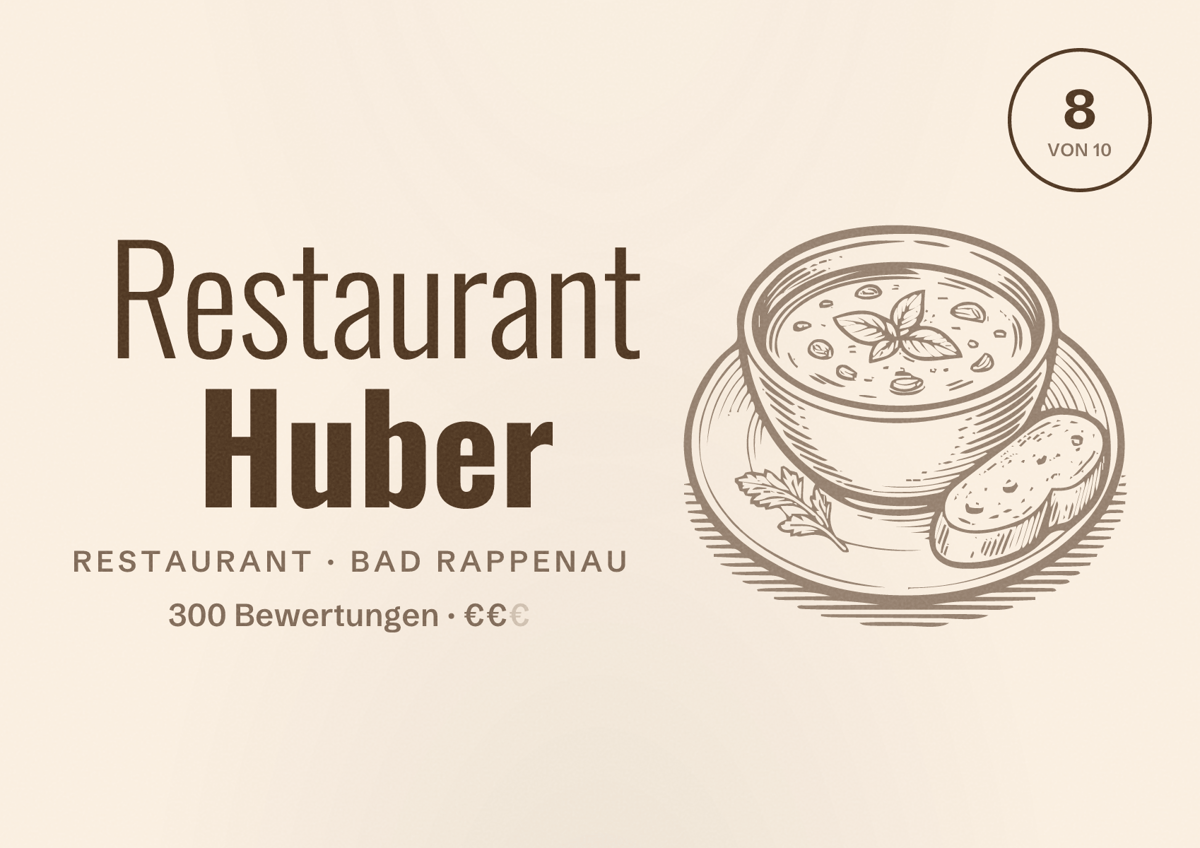 Illustriertes Poster von Restaurant Huber, Restaurant in Bad Rappenau: Bewertung 8 von 10 aus 300 Bewertungen, Preisniveau €€