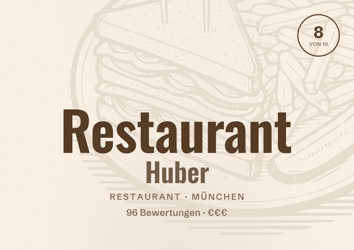Illustriertes Poster von Restaurant Huber, Restaurant in München: Bewertung 8 von 10 aus 96 Bewertungen, Preisniveau €€€