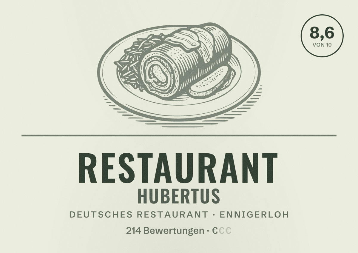 Illustriertes Poster von Restaurant Hubertus, Deutsches Restaurant in Ennigerloh: Bewertung 8,6 von 10 aus 214 Bewertungen, Preisniveau €