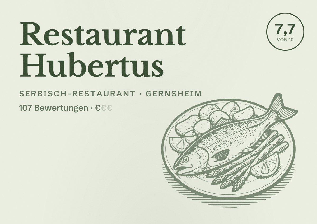 Illustriertes Poster von Restaurant Hubertus, Serbisch-Restaurant in Gernsheim: Bewertung 7,7 von 10 aus 107 Bewertungen, Preisniveau €
