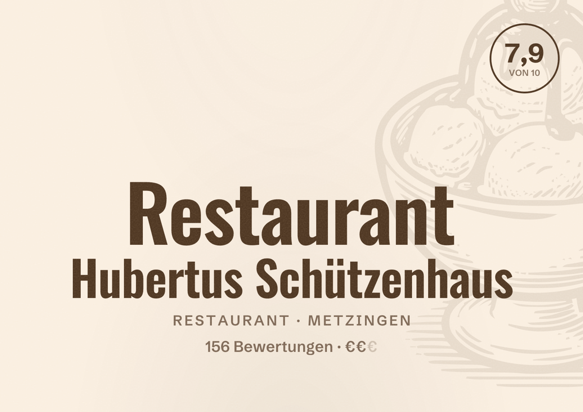 Illustriertes Poster von Restaurant Hubertus Schützenhaus, Restaurant in Metzingen: Bewertung 7,9 von 10 aus 156 Bewertungen, Preisniveau €€