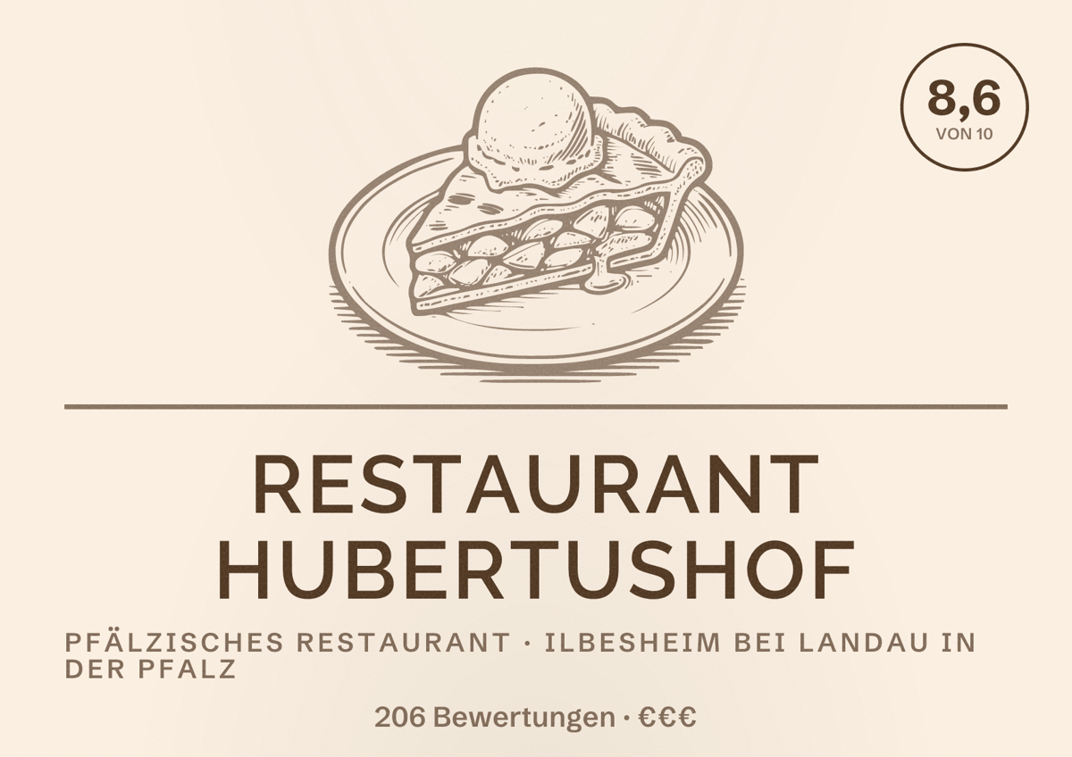 Illustriertes Poster von Restaurant Hubertushof, Pfälzisches Restaurant in Ilbesheim bei Landau in der Pfalz: Bewertung 8,6 von 10 aus 206 Bewertungen, Preisniveau €€€