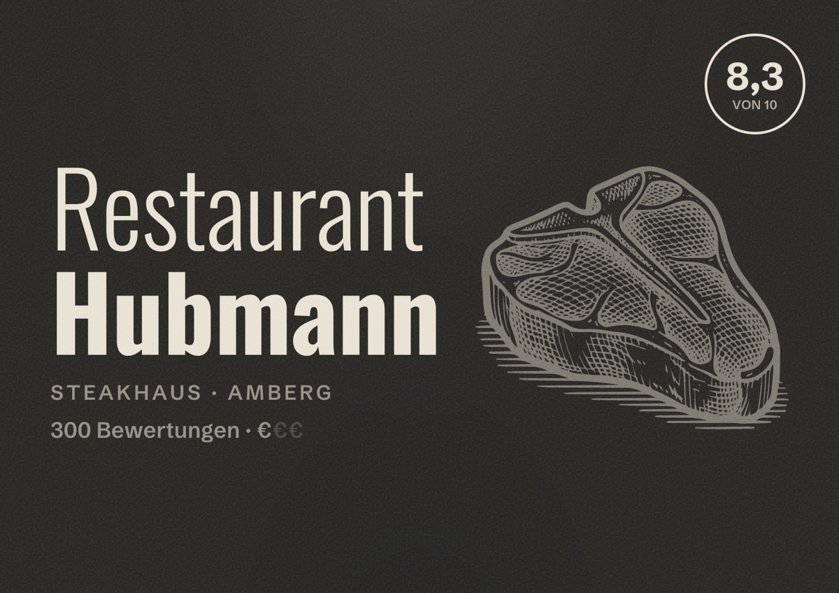 Illustriertes Poster von Restaurant Hubmann, Steakhaus in Amberg: Bewertung 8,3 von 10 aus 300 Bewertungen, Preisniveau €