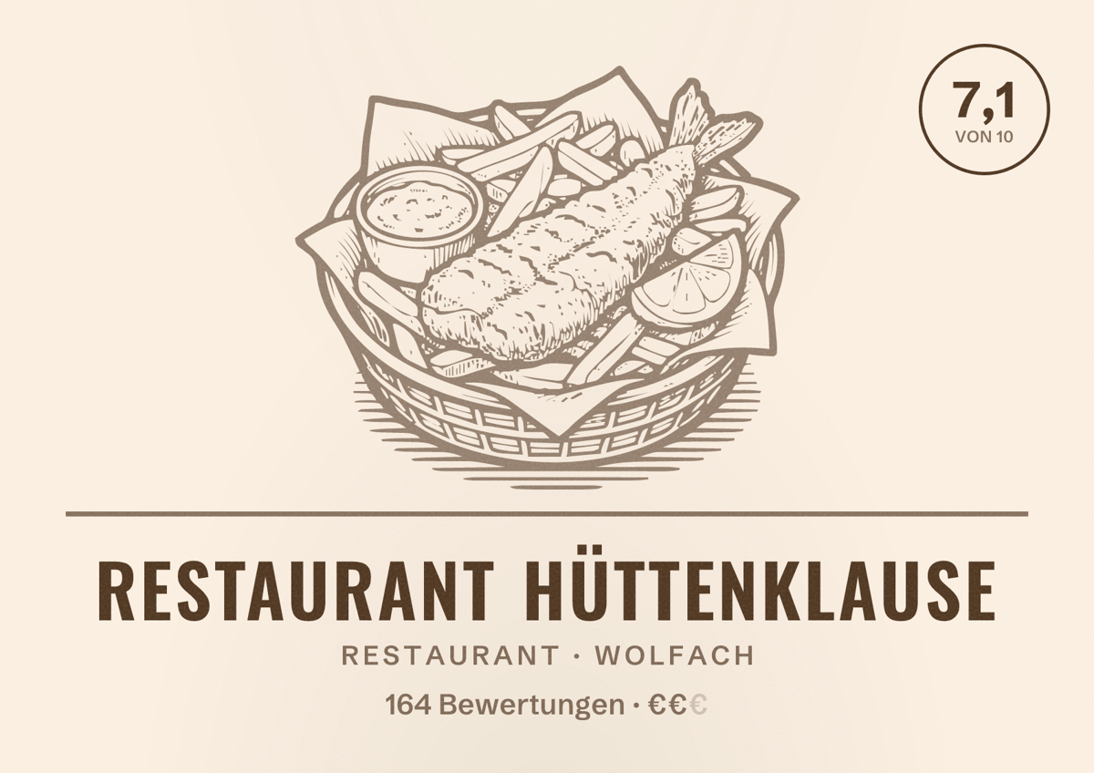 Illustriertes Poster von Restaurant Hüttenklause, Restaurant in Wolfach: Bewertung 7,1 von 10 aus 164 Bewertungen, Preisniveau €€