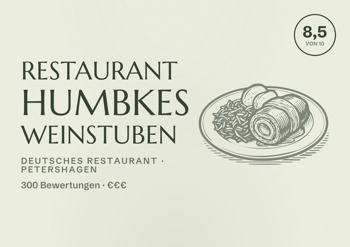 Illustriertes Poster von Restaurant Humbkes Weinstuben, Deutsches Restaurant in Petershagen: Bewertung 8,5 von 10 aus 300 Bewertungen, Preisniveau €€€