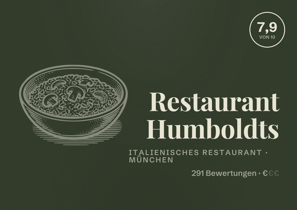 Illustriertes Poster von Restaurant Humboldts, Italienisches Restaurant in München: Bewertung 7,9 von 10 aus 291 Bewertungen, Preisniveau €