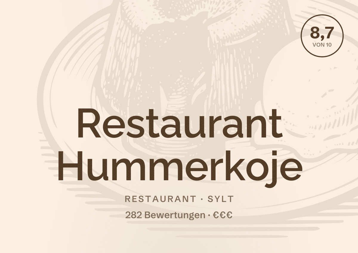 Illustriertes Poster von Restaurant Hummerkoje, Restaurant in Sylt: Bewertung 8,7 von 10 aus 282 Bewertungen, Preisniveau €€€
