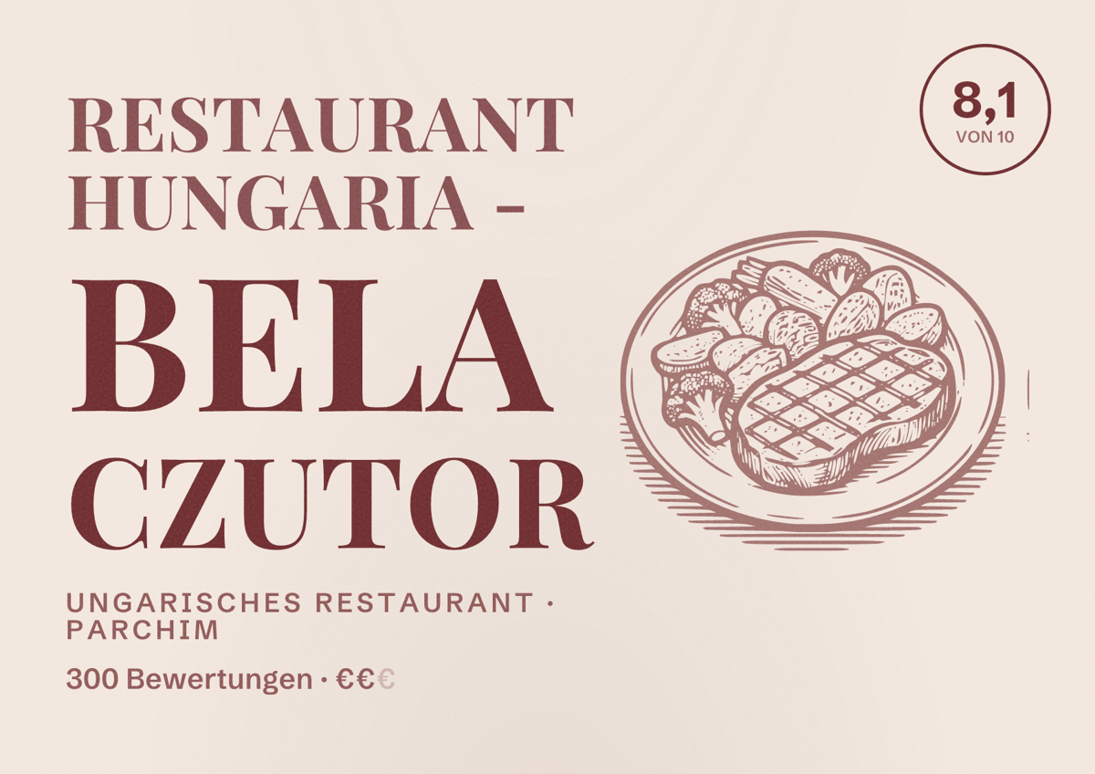 Illustriertes Poster von Restaurant Hungaria - Bela Czutor, Ungarisches Restaurant in Parchim: Bewertung 8,1 von 10 aus 300 Bewertungen, Preisniveau €€