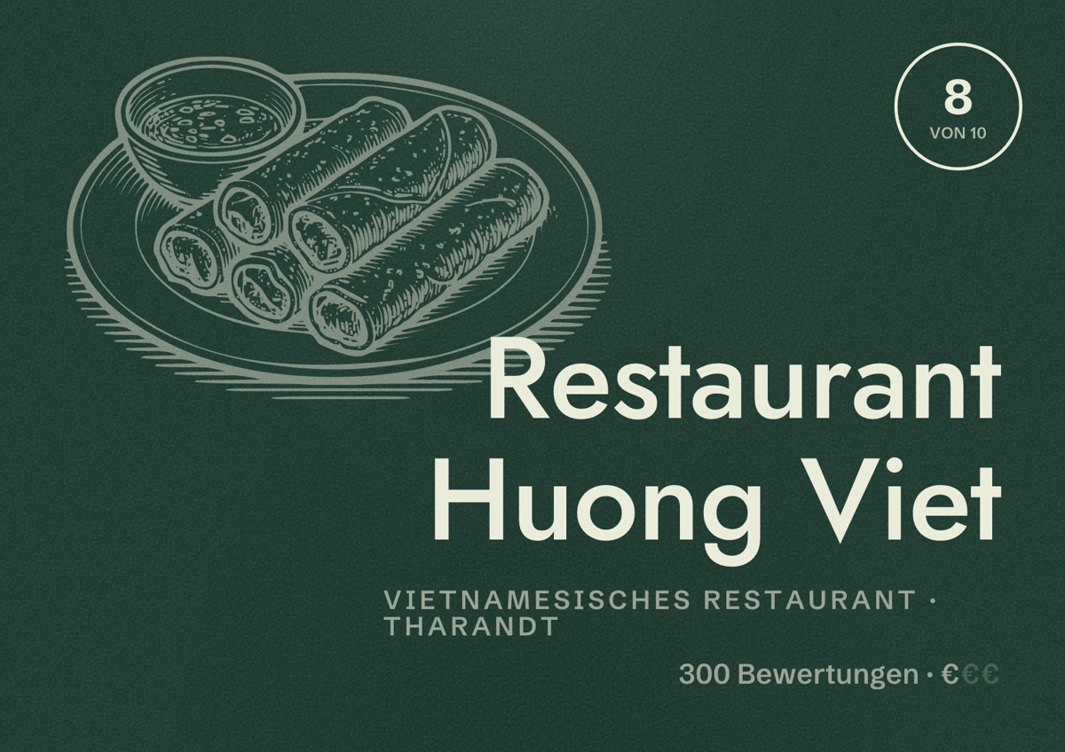 Illustriertes Poster von Restaurant Huong Viet, Vietnamesisches Restaurant in Tharandt: Bewertung 8 von 10 aus 300 Bewertungen, Preisniveau €
