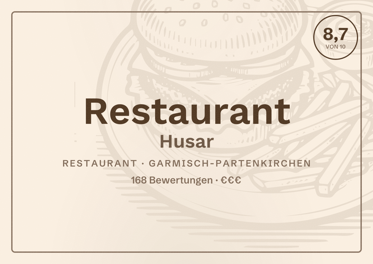 Illustriertes Poster von Restaurant Husar, Restaurant in Garmisch-Partenkirchen: Bewertung 8,7 von 10 aus 168 Bewertungen, Preisniveau €€€