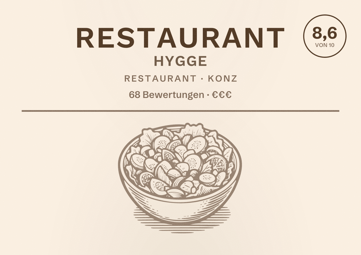 Illustriertes Poster von Restaurant Hygge, Restaurant in Konz: Bewertung 8,6 von 10 aus 68 Bewertungen, Preisniveau €€€