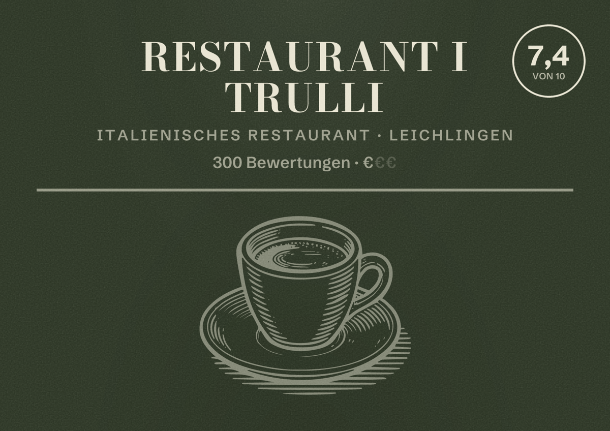 Illustriertes Poster von Restaurant I Trulli, Italienisches Restaurant in Leichlingen: Bewertung 7,4 von 10 aus 300 Bewertungen, Preisniveau €