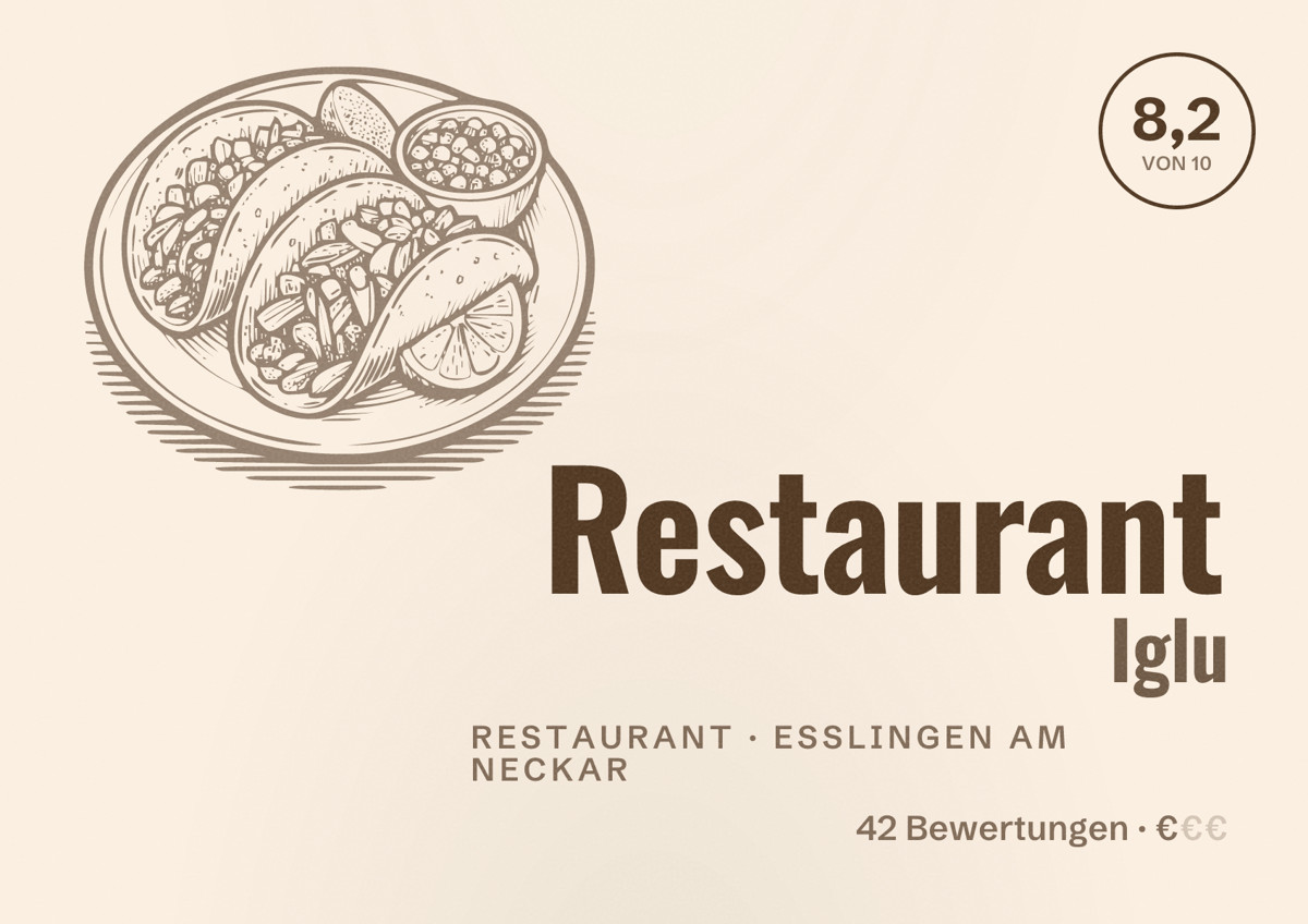 Illustriertes Poster von Restaurant Iglu, Restaurant in Esslingen am Neckar: Bewertung 8,2 von 10 aus 42 Bewertungen, Preisniveau €