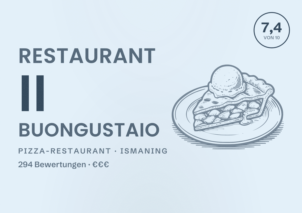 Illustriertes Poster von Restaurant II Buongustaio, Pizza-Restaurant in Ismaning: Bewertung 7,4 von 10 aus 294 Bewertungen, Preisniveau €€€