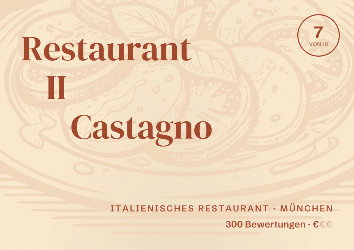 Illustriertes Poster von Restaurant II Castagno, Italienisches Restaurant in München: Bewertung 7,0 von 10 aus 300 Bewertungen, Preisniveau €