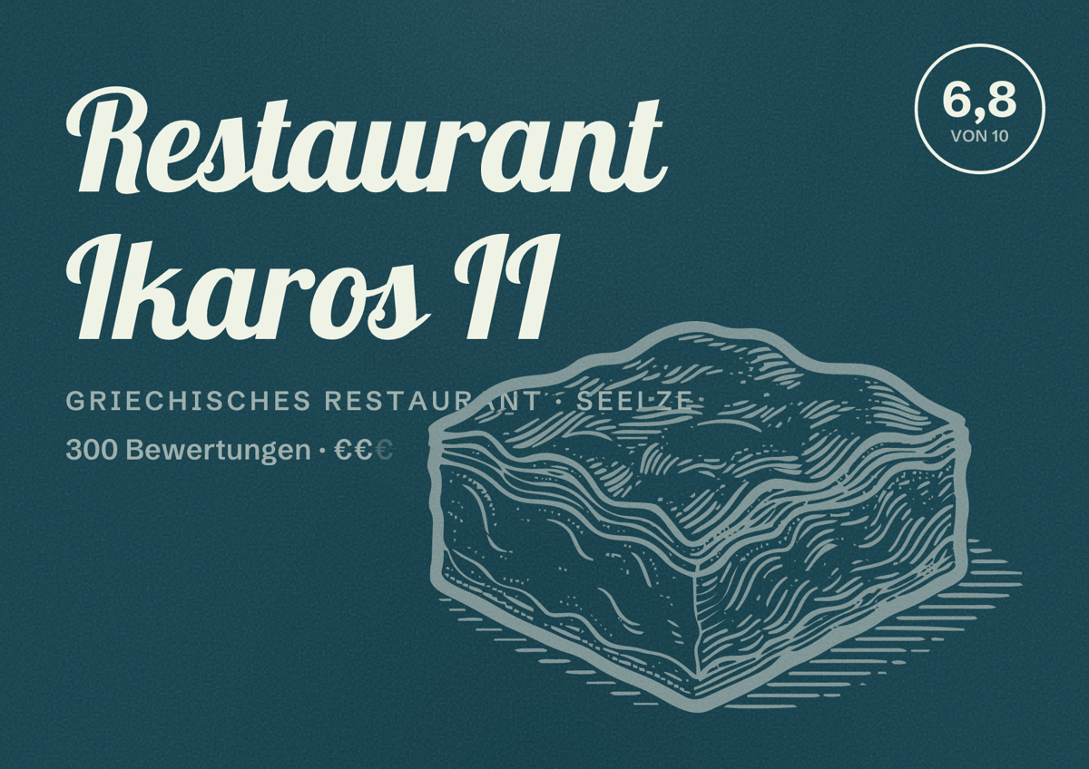 Illustriertes Poster von Restaurant Ikaros II, Griechisches Restaurant in Seelze: Bewertung 6,8 von 10 aus 300 Bewertungen, Preisniveau €€