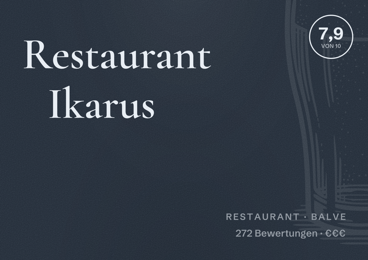 Illustriertes Poster von Restaurant Ikarus, Restaurant in Balve: Bewertung 7,9 von 10 aus 272 Bewertungen, Preisniveau €€€