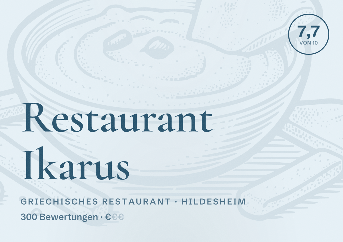 Illustriertes Poster von Restaurant Ikarus, Griechisches Restaurant in Hildesheim: Bewertung 7,7 von 10 aus 300 Bewertungen, Preisniveau €