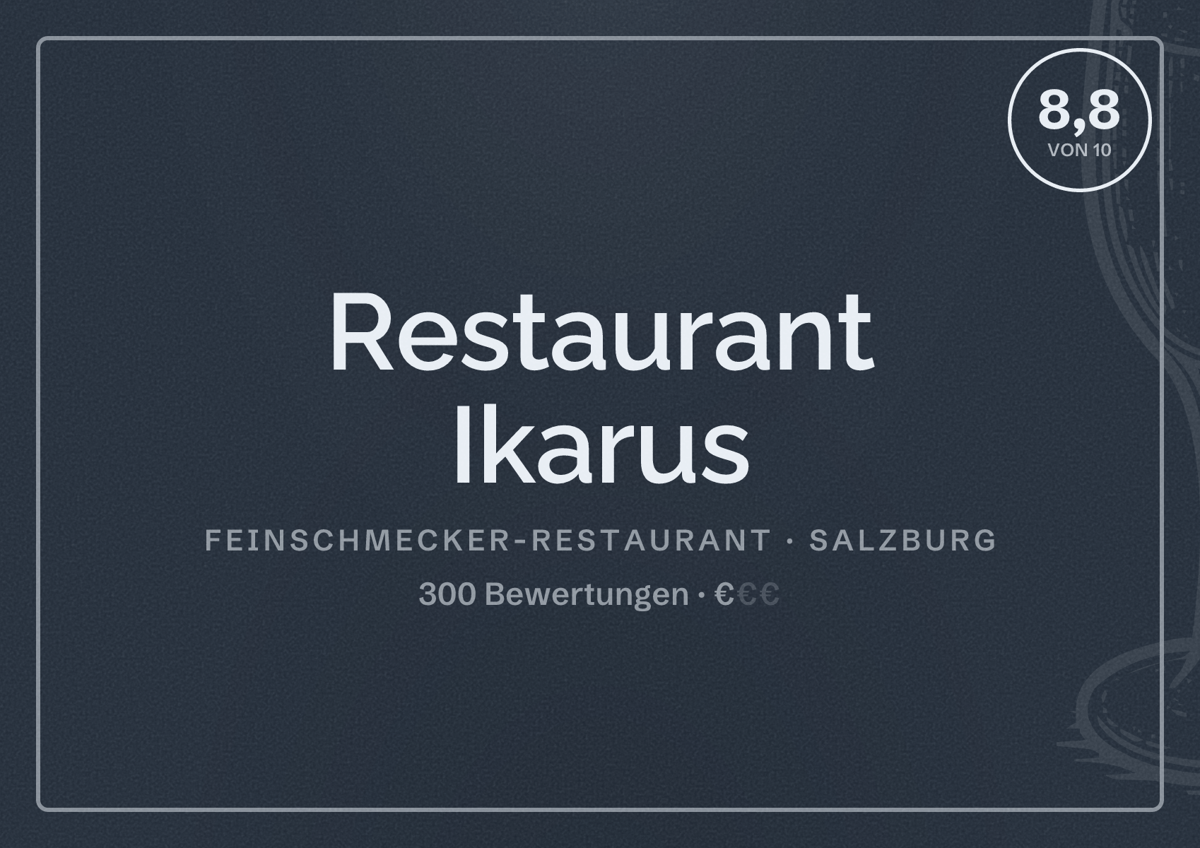 Illustriertes Poster von Restaurant Ikarus, Feinschmecker-Restaurant in Salzburg: Bewertung 8,8 von 10 aus 300 Bewertungen, Preisniveau €