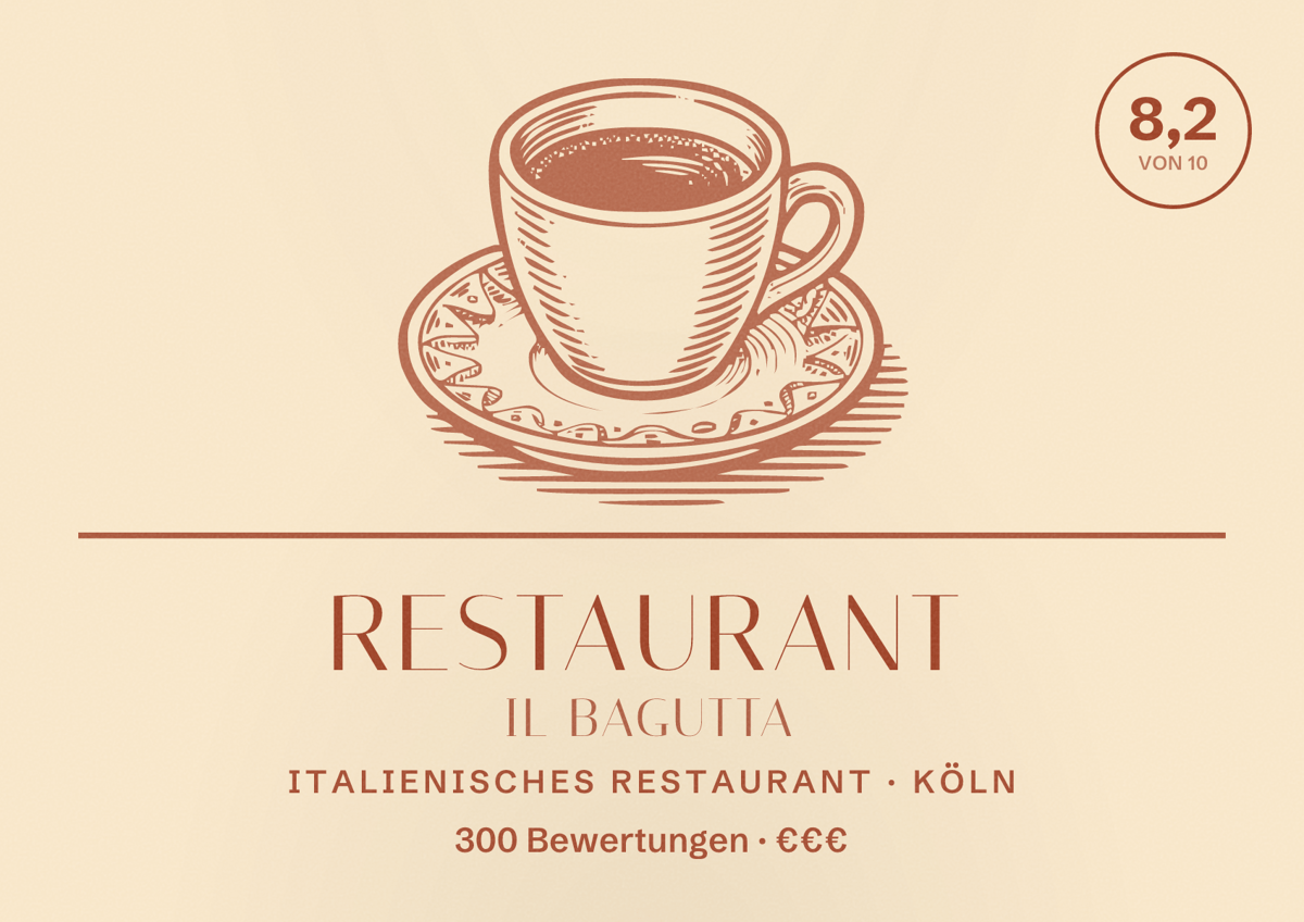 Illustriertes Poster von Restaurant Il Bagutta, Italienisches Restaurant in Köln: Bewertung 8,2 von 10 aus 300 Bewertungen, Preisniveau €€€