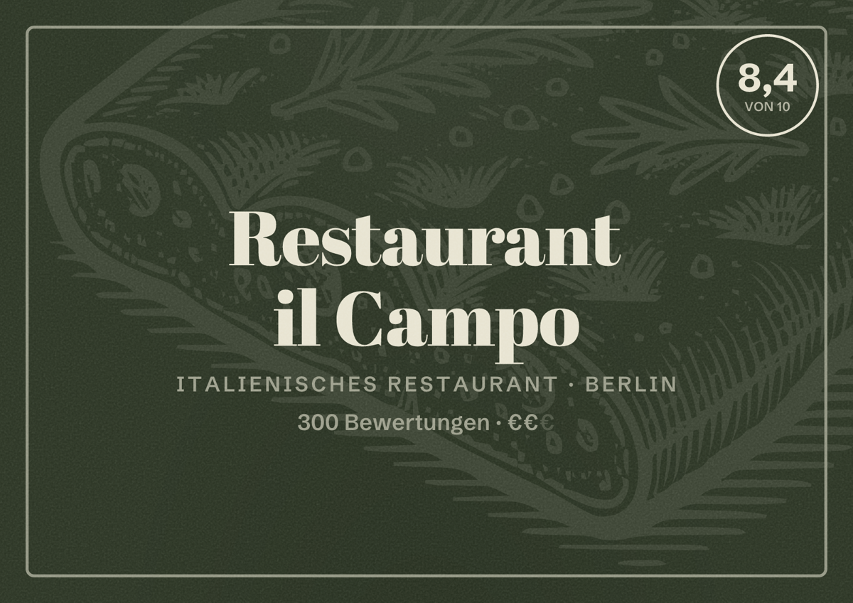Illustriertes Poster von Restaurant il Campo, Italienisches Restaurant in Berlin: Bewertung 8,4 von 10 aus 300 Bewertungen, Preisniveau €€